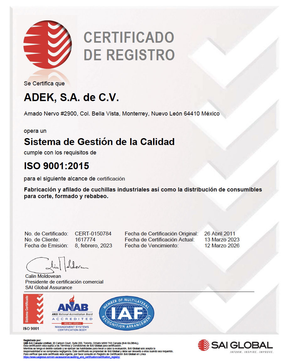 Certificado ISO 9001:2015 ADEK